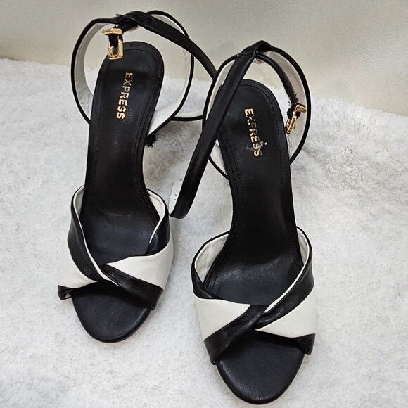 EXPRESS Black & White Crisscross Strap Heels – Size 6 - Picture 2 of 8